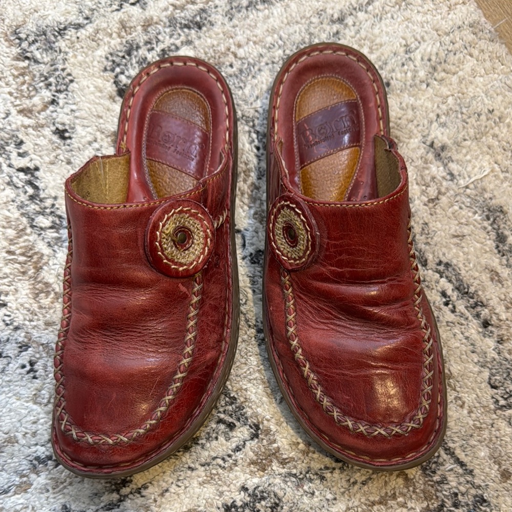 Born Handmade comfort, 8, mule, Red Leather Slip-On Shoes (less than 1 inch)